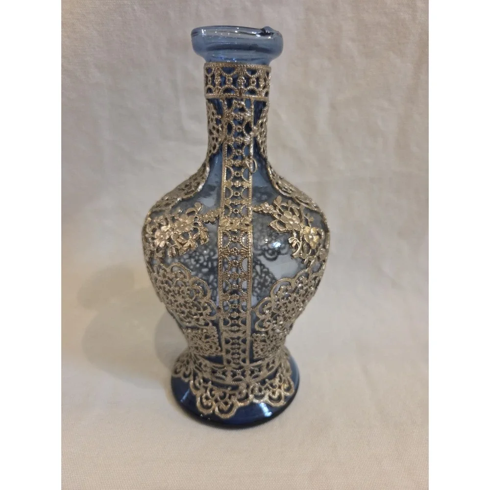 Cobalt Blue Glass Decorative Bottle Vase Gold Tone Filigree Floral 8